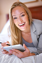 Image showing Bedroom, tablet and portrait of professional woman for website, social media and networking in hotel. Business, remote work and person on digital tech for contact, research and internet on work trip