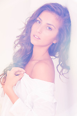 Image showing Woman, portrait and fashion in studio, style and bare shoulders on white background. Female person, outfit and face for clothes or casual trend, wall backdrop and isolated for designer aesthetic