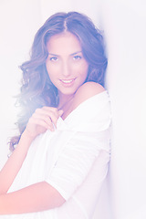 Image showing Woman, portrait and fashion in studio, confident and bare shoulders on white background. Female person, outfit and face for clothes or casual trend, wall backdrop and isolated for designer aesthetic