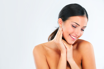 Image showing Skincare, mockup and happy woman in studio with hands on soft skin, dermatology or smooth texture results on white background. Body, beauty or female model smile for anti aging, cosmetics or wellness