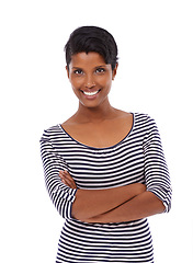 Image showing Indian woman, arms crossed and smile in studio portrait with pride, fashion and confidence by white background. Girl, person or model with trendy clothes, edgy style and happy with shirt in Mumbai