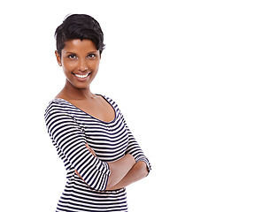 Image showing Indian woman, arms crossed and smile in studio portrait with space, fashion and confidence by white background. Girl, person or model with trendy clothes, edgy style and happy for mock up in Mumbai