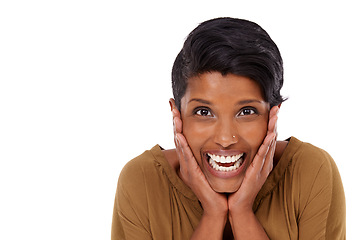Image showing Portrait, surprise or happy woman in studio for winning, reward announcement or bonus prize. Giveaway, mockup space or shocked lady with wow gesture, news or omg facial expression on white background