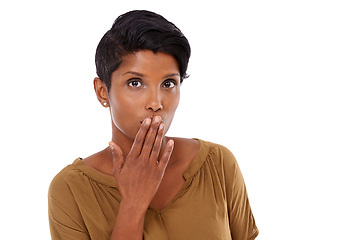 Image showing Portrait, secret or shocked woman cover mouth for gossip or sale in studio on white background. Mockup space, wow or amazed face of a person surprised by deal announcement, drama story or fake news