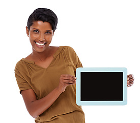 Image showing Studio, portrait and happy woman with tablet, screen for social media or networking subscription. Internet, smile and Indian girl with digital app for news, streaming or website on white background