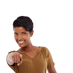 Image showing Portrait, Indian woman or pointing to you for motivation or mockup space on white background. Studio, happy winner or person with gesture, choice or promo showing an opportunity, vote or selection