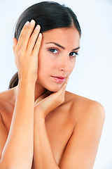Image showing Skincare, portrait and woman in studio with hands on soft skin, dermatology or smooth texture results on white background. Body, beauty and face of female model with cosmetic wellness, pride or glow