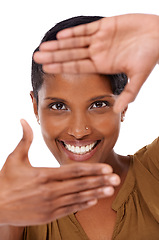 Image showing Woman, finger frame and smile in portrait for beauty, cosmetics and natural makeup in studio. White background, model or happy female person with hands for photography, selfie or social media picture