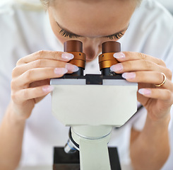 Image showing Hands, microscope or woman scientist in laboratory for research, medical analysis or test experiment. Solution, investigation or science expert with technology for future development, exam or results