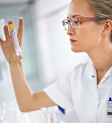 Image showing Liquid, test tube or woman scientist in laboratory for sample research, medical exam or virus experiment. Solution, review or science expert with vaccine cure for future development or dna results