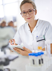 Image showing Medical, research and portrait of woman with tablet in laboratory with development in biotechnology. Doctor, typing or check results online of pharmaceutical report or review of innovation in science