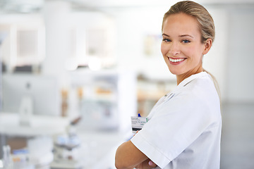 Image showing Happy woman, portrait and professional with arms crossed for healthcare or science at laboratory. Face of female person or medical researcher smile in confidence for PHD or career ambition at the lab