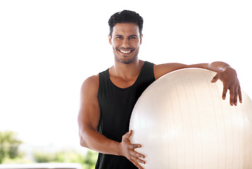 Image showing Portrait, happy man and pilates ball for training, exercise or workout outdoor for healthy body in Brazil. Face, smile or person with equipment for sport, wellness or physical fitness on mockup space