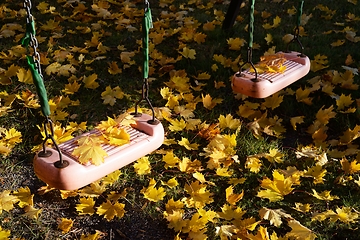 Image showing kids swing in the yard in autumn covered with autumn yellow leav