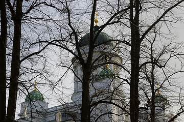 Image showing domes of Helsinki Cathedral behind silhouettes of trees