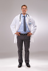 Image showing Healthcare, doctor and portrait of man on a white background for medical service, consulting and wellness. Hospital, clinic and isolated health worker with confidence, pride and stethoscope in studio