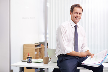 Image showing Paperwork, report and portrait of man in office with smile, sales review or profit stats at accounting agency. Documents, business growth and development with financial advisor at desk at startup