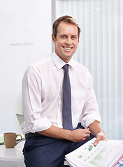 Image showing Paperwork, statistics and portrait of man in office with smile, sales review or profit report at accounting agency. Documents, business growth or development with financial advisor at desk at startup