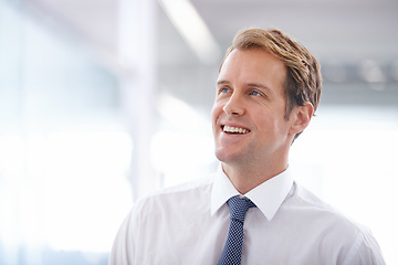 Image showing Businessman, smile and thinking in the morning in office with corporate ideas, daydreaming and wondering. Entrepreneur, man and thoughtful at workplace with happiness, mockup space and confidence