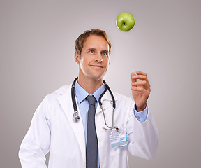 Image showing Man, doctor and apple for healthcare in studio, medical expert and dietician on gray background. Male person, fruit and proud of choice or decision for nutrition, vitamins and minerals for health