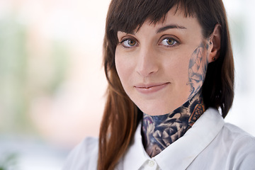 Image showing Business, woman and tattoo with portrait in office with confident attitude, happiness or pride with mockup space. Entrepreneur, face of artist and designer with ink skin, body art or grunge aesthetic