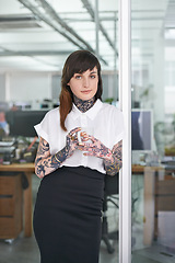 Image showing Happy, tattoos and business woman with coffee in office with positive, good and confident. Grunge, cappuccino and portrait of professional edgy creative designer with ink skin standing in workplace.