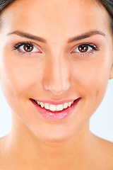 Image showing Face, woman and natural beauty with smile for skincare, wellness and glow with dermatology on white background. Facial, healthy skin and happy in portrait with treatment, self care and cosmetics