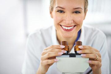 Image showing Happy woman, portrait and scientist with forensic microscope for biology, science or chemistry at clinic. Face of female person or medical expert with smile for healthcare test, exam or experiment