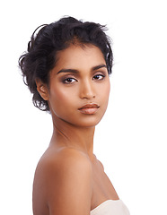 Image showing Beauty, portrait and Indian woman in studio for makeup glamour, cosmetics or wellness on white background. Face, calm or female model with glowing skin, results or cosmetology, shine or satisfaction