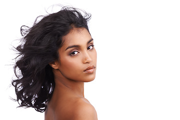 Image showing Beauty, portrait and indian woman in studio with hair care from cosmetics in white background. Dermatology, skincare and calm model with healthy glow on skin from makeup or natural hairstyle mockup