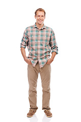 Image showing Happy man, portrait and fashion with confidence for style on a white studio background. Full body of handsome young male person or model with smile, hands in pocket or casual clothing on mockup space