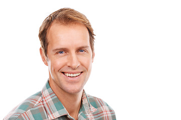 Image showing Fashion, smile and portrait of man in studio for trendy, cool and stylish clothes on isolated white background. Aesthetic, happy and face of Canadian male model for confidence or contemporary outfit