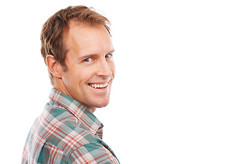 Image showing Happy, portrait and creative man in studio with confidence or pride in business on mockup space. Professional, art director and person in development of project working on white background with smile