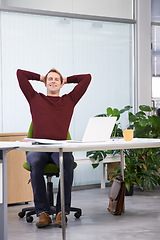 Image showing Happy, relax and portrait of businessman in office for finish project on laptop with deadline. Smile, rest and creative male designer with hands on head for completed work on computer in workplace.