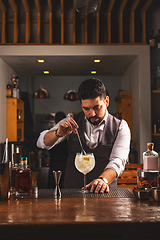 Image showing Professional bartender garnishing cocktail at bar