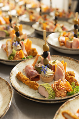 Image showing Gourmet canapés on decorated plates