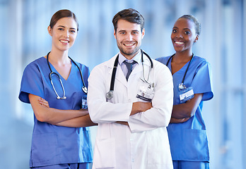 Image showing Portrait, leader and happy medical team in hospital for healthcare service in clinic. Confidence, doctor and smile of diverse group of nurses in collaboration, cooperation or arms crossed together