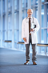 Image showing Portrait, mature man and doctor with checklist in hospital for healthcare, wellness or service in Canada. Career, medical professional and surgeon with clipboard or expert in clinic on mockup space