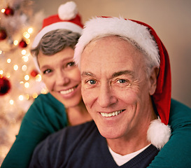 Image showing Christmas, portrait and happy senior couple with love, care and support together in a home on holiday. Tree, retirement and marriage with a smile and hug in a house with celebration and santa hat