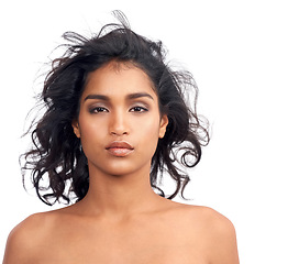 Image showing Beauty, studio and portrait of indian woman with makeup with hair care from cosmetics in white background. Dermatology, skincare and model with healthy glow on skin or natural hairstyle mockup