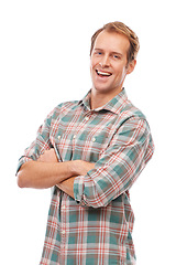 Image showing Happy, portrait and creative man in studio with arms crossed for business in mockup space. Professional, art director and person in development of project working on white background with a smile
