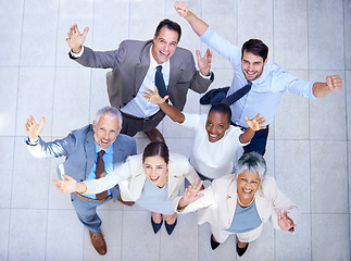 Image showing Portrait, business people and happiness for good job, teamwork or collaboration together in office. Top view, winner and diversity group of employee workers for success, victory or celebration