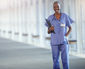 Image showing Portrait, nurse and happy black woman with checklist in hospital for healthcare or wellness in Kenya. Smile, medical professional and surgeon with document, expert and worker in clinic with mockup