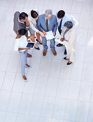 Image showing Businesspeople, manager and documents for professional discussion, diversity coworkers and technology. Paperwork, business statistics and above meeting, tablet or online search or digital planning