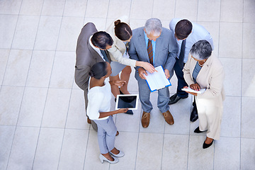 Image showing Businesspeople, ceo and documents for professional discussion, diversity coworkers and technology. Paperwork, business statistics and staff meeting, tablet or online search or digital planning