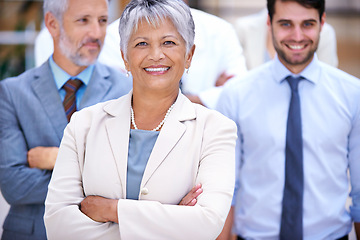 Image showing Portrait, leadership and business people with woman CEO, confidence or solidarity in startup career. Community, professional men and women together in office in teamwork, pride and manager with smile