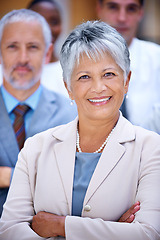 Image showing Portrait, leadership and business people with woman manager, confidence or solidarity in startup career. Community, face of professional men and women together in office for teamwork, pride and smile