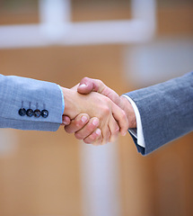 Image showing Professional and handshake in business deal agreement for office, corporate merger or acquisition collaboration. Hello, thank you hand gesture for businesspeople, b2b or crm contract congratulations