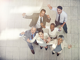 Image showing Portrait, business people and happiness for victory, teamwork or collaboration together in office. Top view, winner and group of diverse employee workers for success, good job or celebration