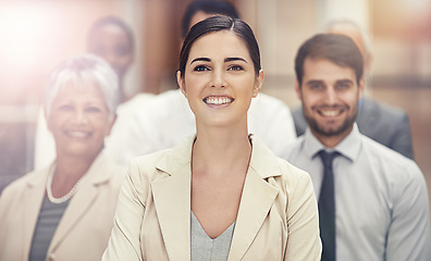 Image showing Portrait, leadership and business woman with group in office for collaboration, teamwork or support. Face, smile or female lawyer with paralegal team at law firm for startup, about us or career goals